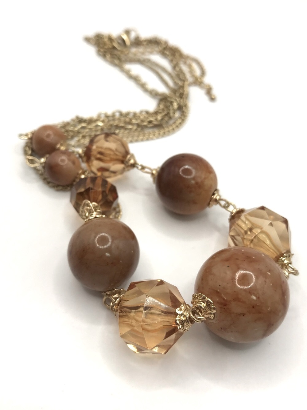 Gold-Tone & Brown Beaded Layered Necklace with Amber Acrylic